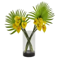 Nearly Natural 27-in Calla Lily And Fan Palm Artificial Arrangement In Cylinder Glass Vase -Nearly Natural GUEST 05504097 6fc5 408d 8fd9 fb1f5074068b