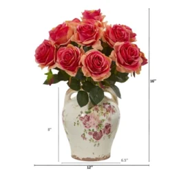 Nearly Natural 16-in Rose Artificial Arrangement In Flower Print Jar -Nearly Natural GUEST 134a4fbc 8e6e 4e30 ac56 fbd2384abe5b
