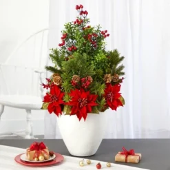 Nearly Natural 32-in Poinsettia, Boxwood And Succulent Artificial Arrangement In White Vase -Nearly Natural GUEST 1fa20045 bf67 4e1c 8ef5 598d0e1a1d2d