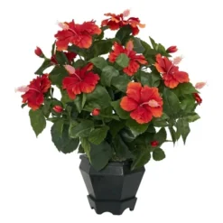 Nearly Natural 20-in Hibiscus W/Black Hexagon Vase Silk Plant