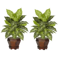 Nearly Natural Dieffenbachia W/Wood Vase Silk Plant (Set Of 2)