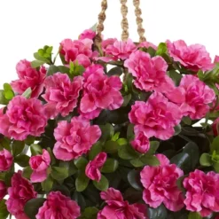 28" X 18" Artificial Azalea Hanging Basket Pink/Natural - Nearly Natural