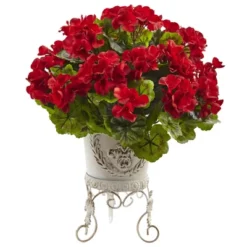 Geranium Artificial Plant With Metal Planter Red - Nearly Natural