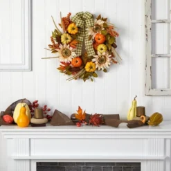 Nearly Natural 24” Fall Pumpkin, Sunflower Artificial Autumn Wreath With Decorative Ribbon -Nearly Natural GUEST 8a0a59bd e39d 4b54 bbc4 eb2cfeddfe94