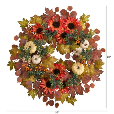 Nearly Natural 30” Fall Acorn, Sunflower, Berries And Autumn Foliage Artificial Wreath 3 Nearly Natural 30” Fall Acorn, Sunflower, Berries And Autumn Foliage Artificial Wreath