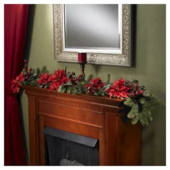 60" Poinsettia & Berry Garland - Nearly Natural