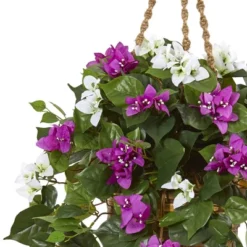 30" X 28" Artificial Mixed Bougainvillea Plant Hanging Basket Purple/White - Nearly Natural