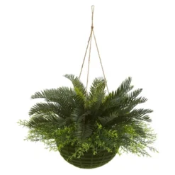 Nearly Natural 13-in Cycas Artificial Plant In Mossy Hanging Basket (Indoor/Outdoor)