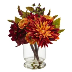 Nearly Natural 12-in Dahlia & Mum With Vase Arrangement