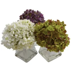 Set Of 3 Artificial Hydrangea Plant In Glass Vase - Nearly Natural -Nearly Natural GUEST f8c925c5 0eb6 4fc1 922a e9bc95b338c3